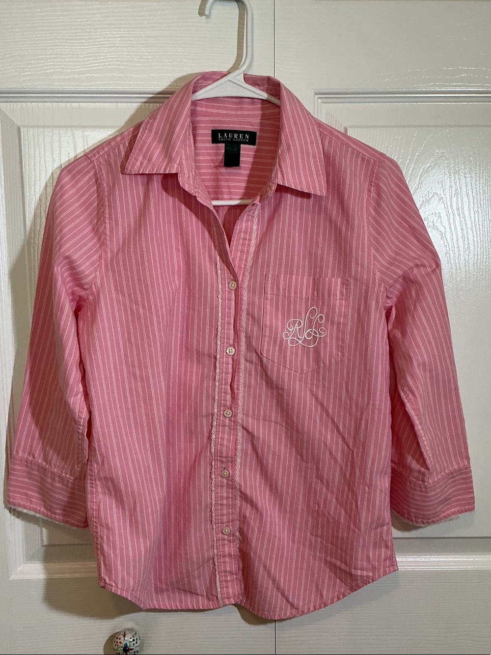 Lauren Ralph Lauren Pink Striped Button-Down Shirt with Monogram